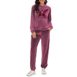 Ensemble de survêtement en velours rose pour femmes, 2 pièces, avec logo brodé personnalisé en strass, pantalon et sweat à capuche en velours - Product Image 1