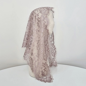 Voile de Mantilla Élégant, Romantique et Classique en Dentelle Florale Française Marron Cendré Jacquard 110cm pour Messe Catholique Qualité Coréenne Premium - Product Image 1