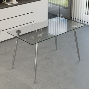Tavolo da pranzo da 51 pollici in vetro temperato rettangolare moderno da 4 pollici con sedia senza braccioli in argento placcato gambe per sala da pranzo - Product Image 4