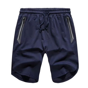 Men's Navy Blue 100% Cotton Canvas Quick Dry Breathable Vintage Decoration Front Logo Bermuda Shorts with Pockets <b>Elastic</b> Waist - Product Image 2