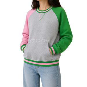Sweat-shirt à col rond Cosh International Sisterhood Sorority, color block, manches rose et vert, corps gris avec poche, tricoté décontracté - Product Image 1