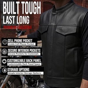Custom Men's <b>Black</b> Genuine Leather Biker <b>Vest</b> Stand Collar Motorcycle Leather <b>Vest</b> Sleeveless Leather Jacket - Product Image 4