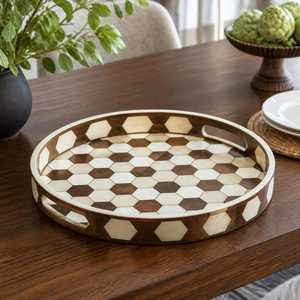 handmade Handcrafted Bone Inlay <b>Round</b> Decorative Display Tray with Premium Artisan Mosaic Work for Living Room Bedroom & <b>Console</b> - Product Image 2