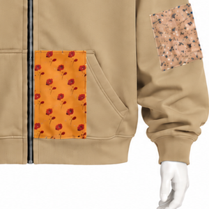 Sweat à capuche zippé oversize en patchwork tapisserie kaki, avec fermeture éclair intégrale, imprimé patch, style streetwear décontracté - Product Image 6