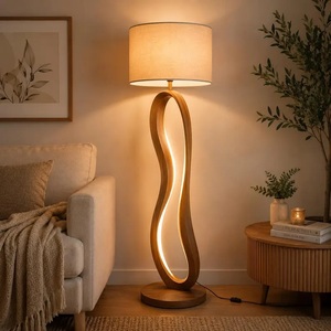 Modern Sculptural Wooden Floor Lamp with Warm LED Light, Linen Shade and Inline Switch - Product Image 2