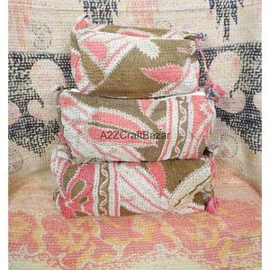 Custom Made Casual Handmade Quilted Silk Screen Printed Kantha <b>Pouch</b> Set Artisan Cotton Travel Cosmetic Organizer Mixed Colors - Product Image 1