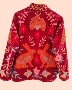 <b>Women's</b> Red <b>Velvet</b> Embroidered <b>Jacket</b> with Mandarin Collar and Rabbit Floral Pattern Rabbit Pattern <b>Jacket</b> <b>Women</b> Floral Embroid - Product Image 2