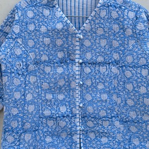 Blue Embossed Print V-Neck <b>Cardigan</b> Full Sleeve Cotton Quilted Jacket <b>Spring</b> Outerwear Elegant Women's Coat - Product Image 6