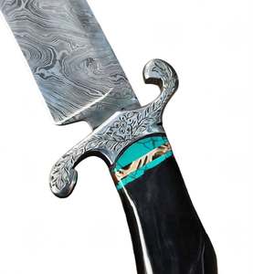 Handcrafted clip point damascus steel outdoor heavy utility <b>tool</b> with Black Horn Turquoise Inlay Handle <b>Engraved</b> Guard - Product Image 3