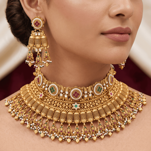 Ensemble collier ras-de-cou ethnique vintage en cuivre plaqué or pour mariée avec boucles d'oreilles assorties et Maang Tikka – Bijoux de mode pour femme pour mariage - Product Image 3