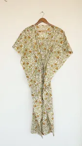 Robe longue kaftan pour femme, imprimé floral jaune doré, coupe ample, 100% coton, tenue de plage estivale, robe de vacances - Product Image 6