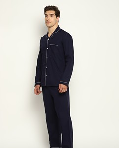 Navy 100% Cotton Breathable Knitted Lightweight Long Sleeve Men's Night <b>Suit</b> with White Navy Home Wear - Product Image 4