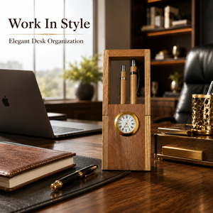 Soporte para bolígrafos de palisandro indio premium con reloj de cuarzo |   Organizador de Escritorio de Madera Hecho a Mano para Oficina, Decoración del Hogar, Set de Regalo Premium - Product Image 5