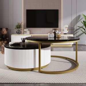 Tavolino da Caffè Moderno Rotondo con Cassetto, Nero e Oro Scanalato, 27,6 Pollici - Product Image 4
