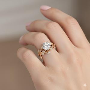 Fancy 14K Solid Gold or Silver Floral Leaf Design Round Diamond Engagement Ring Nature Inspired Wedding Promise Ring <b>For</b> Women - Product Image 4