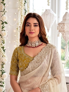 AARA Fashion Cream Silk Saree with <b>Gold</b> Embroidery and Yellow <b>Blouse</b> for Wedding Women Traditional Floor Length India Pakistan - Product Image 3