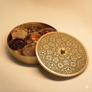 Masala Dabba en laiton fait main avec des coupelles intérieures pour les épices | Solution de stockage d'épices indiennes haut de gamme pour les restaurants et les cuisines de luxe - Product Image 1