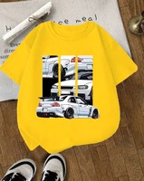 Men's Yellow T-Shirt with Car Print Short Sleeve O-Neck Casual Regular Fit Breathable 100% Cotton Jersey Fabric 220g
