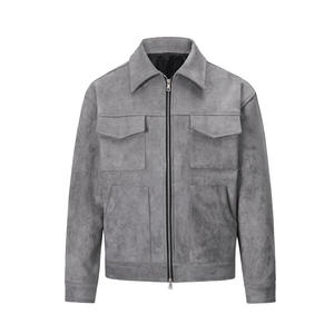 Veste en cuir de travail zippée de haute qualité pour homme avec poches, col rabattu, doublure en coton, coupe classique, style automne - Product Image 5