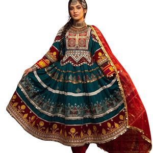 Vestido Tradicional Afgano Kuchi, Túnica Tribal de Terciopelo Verde Azulado, Elegante Vestido Étnico Pashtun con Adornos Elaborados y Falda Amplia, Barishbeads - Product Image 1