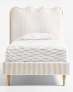 Cama Individual Tapizada de Estilo Moderno con Cabecera Ondulada, Tela de Algodón, Muebles Escandinavos para Dormitorio Infantil, Estructura de Madera Maciza, Diseño Ondulado para Niños - Product Image 4