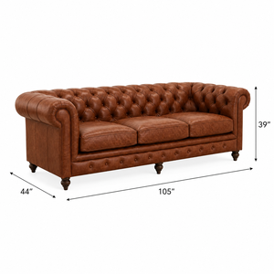 Traditional Chesterfield <b>Sofa</b> Genuine Leather Three Seat Tufted Back Rolled Arms Wood Legs Living Room Furniture Leather <b>Sofa</b> - Product Image 2
