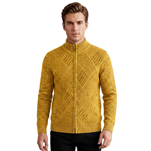 Cárdigan de Cuello Alto con Cremallera para Hombre, Gris, de Lana y Acrílico, Tejido, Manga Larga, Patrón Geométrico, Antipilling, para Otoño - Product Image 4
