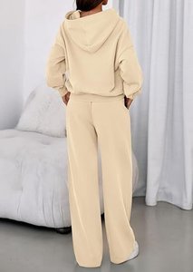 Conjunto de Sudadera con Capucha de 2 Piezas para Mujer, Color Sólido, Corte Holgado, Informal, Pantalones de Manga Larga, 100% Algodón, Felpa, Transpirable, Invierno - Product Image 3