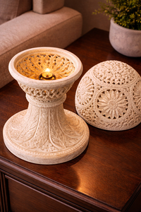 Lámpara Decorativa Art Deco Tallada a Mano, Lámpara de Piedra de Mármol Hecha a Mano, Iluminación Interior Elegante para Diwali - Product Image 5