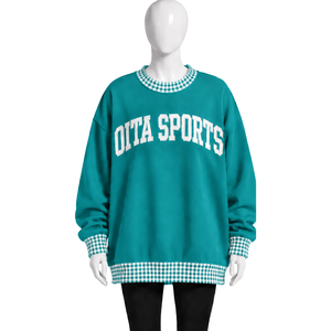 <b>Mens</b> Teal Green Oversized Crewneck Sweatshirt With Gingham Check Trim <b>Long</b> <b>Sleeve</b> Graphic Print Pullover Casual Streetwear <b>Top</b> - Product Image 1