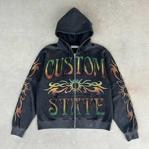 เสื้อฮู้ดดี้ผู้ชายแบบซิป หนัก 400 GSM สไตล์วินเทจทำสีซีดแบบดิจิตอลพิมพ์ลายตามสั่ง OEM ขนาดใหญ่พิเศษ - Product Image 2