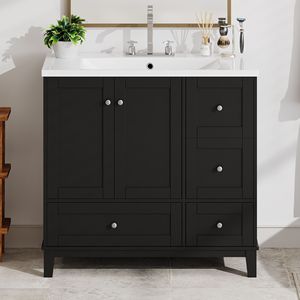 36-Inch Modern USB Charging Bathroom Vanity <b>Cabinet</b> Two-Doors Three-Drawers <b>Storage</b> <b>Small</b> Space Solution for Urban Bathrooms - Product Image 2