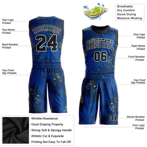 Custom Sublimated Basketball Uniform Sets Blue Yellow Print Moisture Wicking 100% Polyester Unisex <b>Athletic</b> Wear Sleeveless Kits - Product Image 4