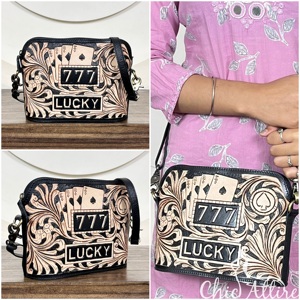 Bolsos Bandolera de Cuero Estilo Western Vintage 777 Lucky, Bolso Cruzado con Diseño Floral Grabado a Mano, Correa Ajustable, Bolsos Elegantes para Mujer - Product Image 1