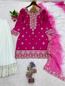Ensemble Anarkali traditionnel indien pakistanais pour femmes, rose, brodé, avec dupatta, vêtements de mariage, coupe ample, en coton - Product Image 5