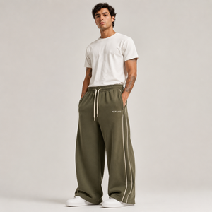 Custom <b>Men's</b> Olive Green Wide Leg Sweatpants With Side Stripe Elastic Waist Drawstring Casual <b>Pants</b> Custom Logo <b>Men's</b> Sweatpants - Product Image 3