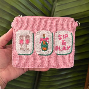Pochette Mahjong bleu clair perlée, mini porte-monnaie bandoulière, cadeau pour soirée de jeu, vente en gros pour boutiques - Product Image 6