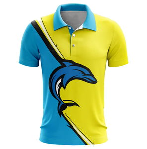 Polo de Manga Corta para Hombre con Estampado de Delfín, Bloques de Color Amarillo y Azul, Corte Casual, Tejido de Poliéster Transpirable, Estilo Regular - Product Image 1