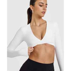 Top Corto de Cuello Alto Blanco para Mujer, Sin Costuras, Transpirable, Ligero, Elástico en Cuatro Direcciones, Ropa Deportiva, Color Sólido, Ajustado - Product Image 1