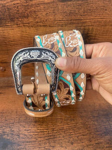 New Arrival Genuine Leather Western Hand <b>Tooled</b> and Hand Painted Floral <b>Belts</b> Real Handmade <b>Tooled</b> Leather Unisex Waist <b>Belts</b> - Product Image 3