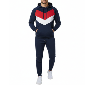 Ensemble de survêtement pour homme bleu marine premium avec sweat à capuche à panneaux V rouge et blanc, tenue de sport deux pièces pour la gym - Product Image 1