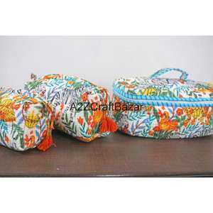 ชุดกระเป๋าเครื่องสำอางผ้าฝ้ายพิมพ์ลายบล็อก 3 ชิ้น ขนาดใหญ่ กันน้ำ ทนทาน ใช้ซ้ำได้ เหมาะสำหรับการเดินทาง - Product Image 3