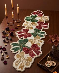 Handmade Eco-Friendly Durable Fabric Table <b>Runner</b> Irregular Shape Red <b>Green</b> Gold Floral Design Luxury Style Dining Table - Product Image 1