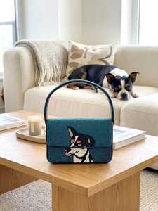 Sac à main perlé fait main, forme rectangulaire, toile verte, broderie chien, artisanat artistique - Product Image 6