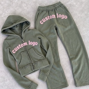 Custom Logo Winter Distressed Full Zip Pullover <b>Towel</b> Embroidery Tracksuit 2 Pieces Cozy Cropped Hoodie Sweatpants Set Women - Product Image 1
