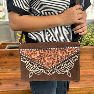 Custom Modern Design Hand Tooled Boot Stitch Genuine Suede Leather Crossbody Flap Bags for Women Cowhide Floral Portable Handbag - Product Image 2