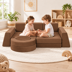 Canapé modulaire en forme de L Kisd avec coussin de dossier, accoudoirs carrés, convertible, extensible, en tissu microfibre marron pour salon - Product Image 4