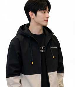 เสื้อแจ็คเก็ตมีฮู้ดซิปบล็อกสีสำหรับผู้ชายลำลองทรงปกติแขนยาวสีดำสีเบจ - Product Image 6