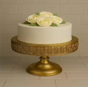 Elegant six-piece golden cake stand set features unique versatile pedestals and sturdy <b>risers</b>. available at wholesale prices. - Product Image 1