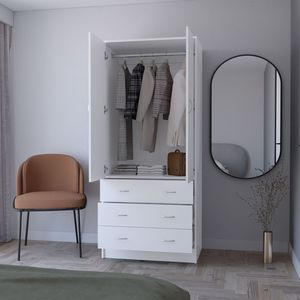Armadio FM Furniture Prescott Bianco con 2 Ante, 3 Cassetti e 1 Asta Appendiabiti - Product Image 3